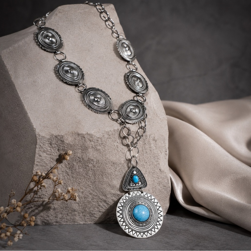 Boho Western Style Concho Choker, Up Cycled, Handmade Necklace Silver Tone OOAK